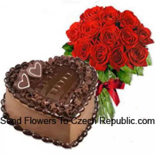 Bunch Of 11 Red Roses With Seasonal Fillers Along With 1 Kg Heart Shaped Chocolate Cake