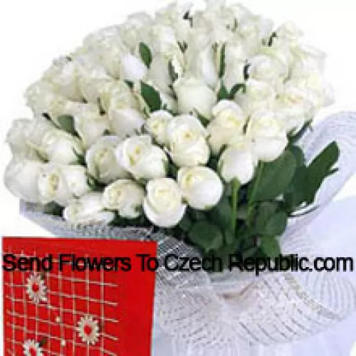 Panier de 101 roses blanches avec une carte de vœux gratuite