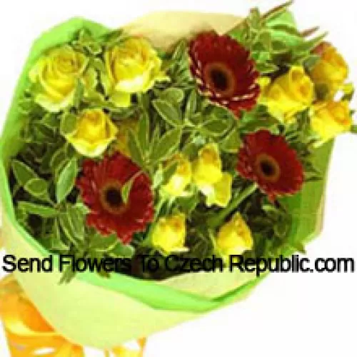Bouquet de 10 roses jaunes et 3 Gerberas rouges