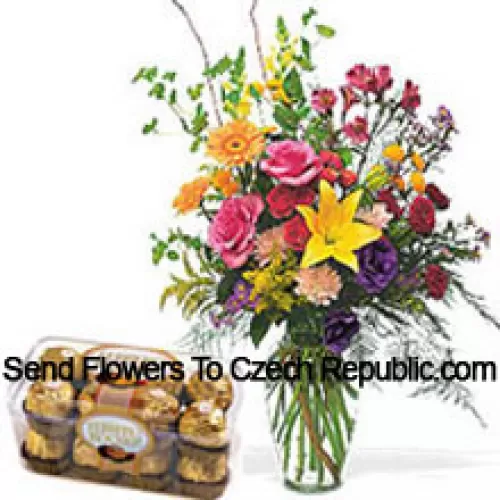 Fleurs assorties dans un vase avec 16 pièces de Ferrero Rocher