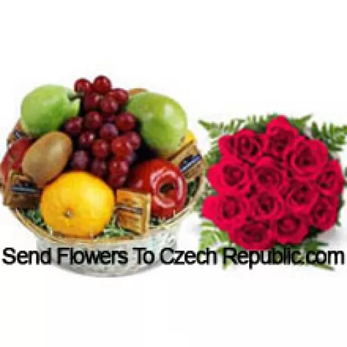 Bouquet de 11 roses rouges avec un panier de 5 kg de fruits frais
