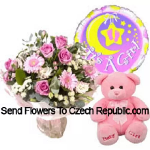Bouquet de fleurs roses assorties, un ours en peluche rose et un ballon de bébé fille