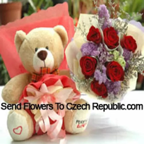 Bunch Of 7 Red Roses And A Medium Sized Cute Teddy Bear