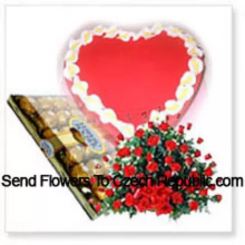 Basket Of 101 Red Roses With 24 Pcs Ferrero Rocher and a 1 Kg (2.2 Lbs) Strawberry Cake