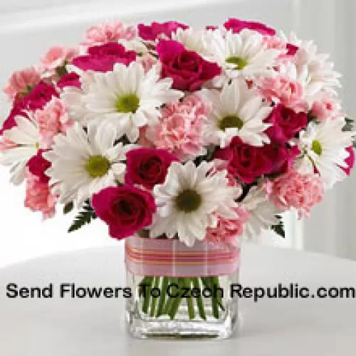 11 Red Roses, 11 White Daisies And 11 Pink Colored Carnations In A Glass Vase