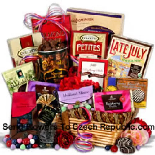 Valentine Gift Basket Having Chocolate Wafer Petites, Chocolate Almond Pecan-dy, English Toffee Singles, Gourmet Dark Chocolate Dipped Cookies, Chocolate Covered Cherries and Blueberries, Dark Chocolate Raspberry Truffle Filled Bar, Holland Mints, Organic Dark Chocolate Sandwich Cookies, Dark Chocolate Covered Raisins, Chocolate Dipped Toffee Peanuts, Chocolate Wafer Rolls, Triple Nut Milk Chocolate Bar, Almond Roca Buttercrunch, Dark Chocolate Raspberry Sticks  (Please Note That We Reserve The Right To Substitute Any Product With A Suitable Product Of Equal Value In Case Of Non-Availability Of A Certain Product)