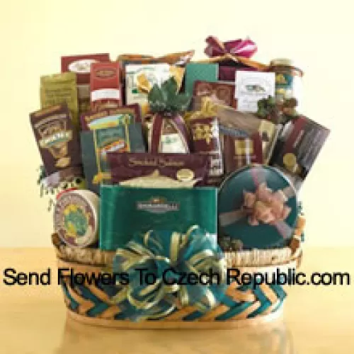 This enormous gift basket is an over-the-top Easter gift that is sure to leave a grand impression! When you need to send something that is truly memorable and is large enough to be enjoyed by a crowd, this gift basket is perfect. This sweet and savory selection features smoked salmon, crackers, cheese, assorted nuts, biscotti, Bavarian-style pretzels, cheese sticks, tortilla chips, salsa, cheese swirls, snack mix, a collection of cookies, caramel popcorn, Ghirardelli chocolate squares, a box of assorted Ghirardelli chocolates, a tin of chocolate-covered sandwich cookies, chocolate-dipped pretzels, chocolate nuggets, and hot cocoa mix. They won't know what to eat first! (Please Note That We Reserve The Right To Substitute Any Product With A Suitable Product Of Equal Value In Case Of Non-Availability Of A Certain Product)