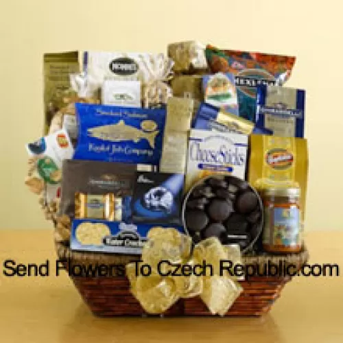 Make an executive decision that will be universally appreciated by sending this delicious gift basket! We've packed a wicker basket with a delightful assortment of gourmet foods, all arranged to make a great first impression. Your recipients are sure to appreciate this gift and will enjoy everything packed inside including tortilla chips, salsa, cheese sticks, brie cheese, water crackers, smoked salmon, pistachios, almonds, popcorn, pretzels, cheese swirls, Jelly Belly jelly beans, assorted Ghirardelli chocolates, wafer cookies, a tin of chocolate-covered sandwich cookies, a bag of Ghirardelli squares, and biscotti. (Please Note That We Reserve The Right To Substitute Any Product With A Suitable Product Of Equal Value In Case Of Non-Availability Of A Certain Product)