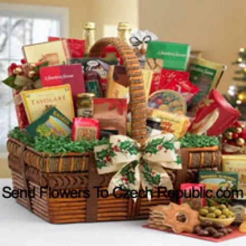Send your love with this impressive gift basket that's all decked out for the Easter. With the artful details of the handsomely crafted basket and the world of fancy flavors nestled inside, it festively captures the spirit of the season. The small includes a bountiful assortment with Tomato Basil Pretzels, Gingerbread Cake, Zesty Cheddar Thins, Spanish Olives, Pecan Pralines, Gouda Cheese Biscuits, Cinnamon Star Cookies, Belgian Chocolate Petites, California Smoked Almonds, Rothschild Triple Berry Preserves, Chocolate Chip Cookies, Ashby Assam Tea, Savory Snack Mix, Fruit Bonbons, Blend Coffee, and Godiva Milk Chocolate Strawberries. (Please Note That We Reserve The Right To Substitute Any Product With A Suitable Product Of Equal Value In Case Of Non-Availability Of A Certain Product)