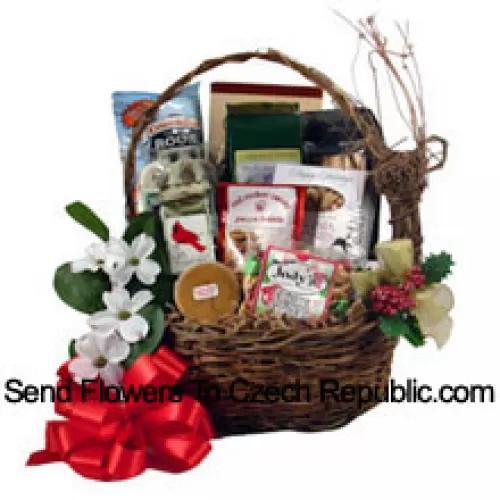 This small size Gourmet Basket is brimming with peanuts, snack mix, Popcorn, fudge, cheese straws, peanut bar, chips and coffee (Please Note That We Reserve The Right To Substitute Any Product With A Suitable Product Of Equal Value In Case Of Non-Availability Of A Certain Product)