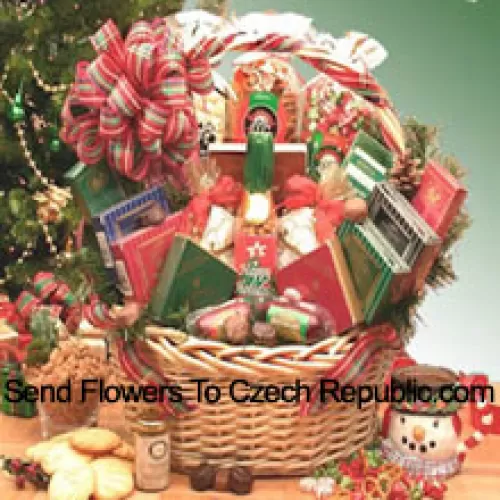 This Basket includes 2 oz White Cheddar Popcorn, 3 oz Confetti Corn, 8 oz Butter Toffee pretzels, Chocolate Cherry Delights, Chocolate Mint Delights, Peanut Butter Delights, Coconut Delights, 3 oz Summer Sausage, 3 oz Beef Salami, Grained Mustard, Stone Wheat Crackers, Starlite Mints, Creamy Brie Cheese Spread, Creamy Vegetable Spread, Chocolate Walnut Fudge, Tavolare Savory Snack Mix, Wolfgang Puck Gourmet Coffee, Cocoa and 4 oz. Honey Sweet Peanuts. (Please Note That We Reserve The Right To Substitute Any Product With A Suitable Product Of Equal Value In Case Of Non-Availability Of A Certain Product)